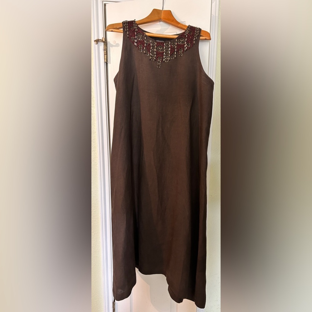 “Eskandar” long linen dress with beading around the collar. Size 1 (M/L).